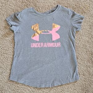 Under Armour Girl's Tee with Pink & Gold Logo Loose Heat Gear YOUTH SMALL